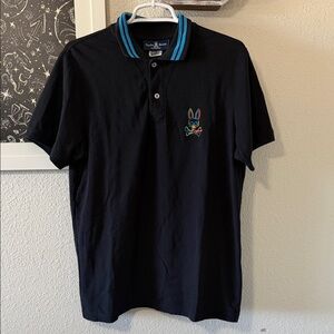 Psycho Bunny Black Polo with Blue Trim and Multicolor Logo